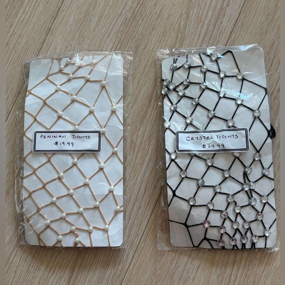 BNWT 2PC Fishnet Tights with Pearl and Crystal Accents, Black/Beige, OS